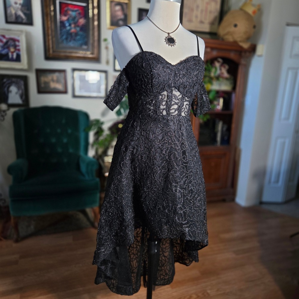 Bee‎ Darlin Black Lace High Low Prom Dress Metallic Off Shoulder Size 3/4